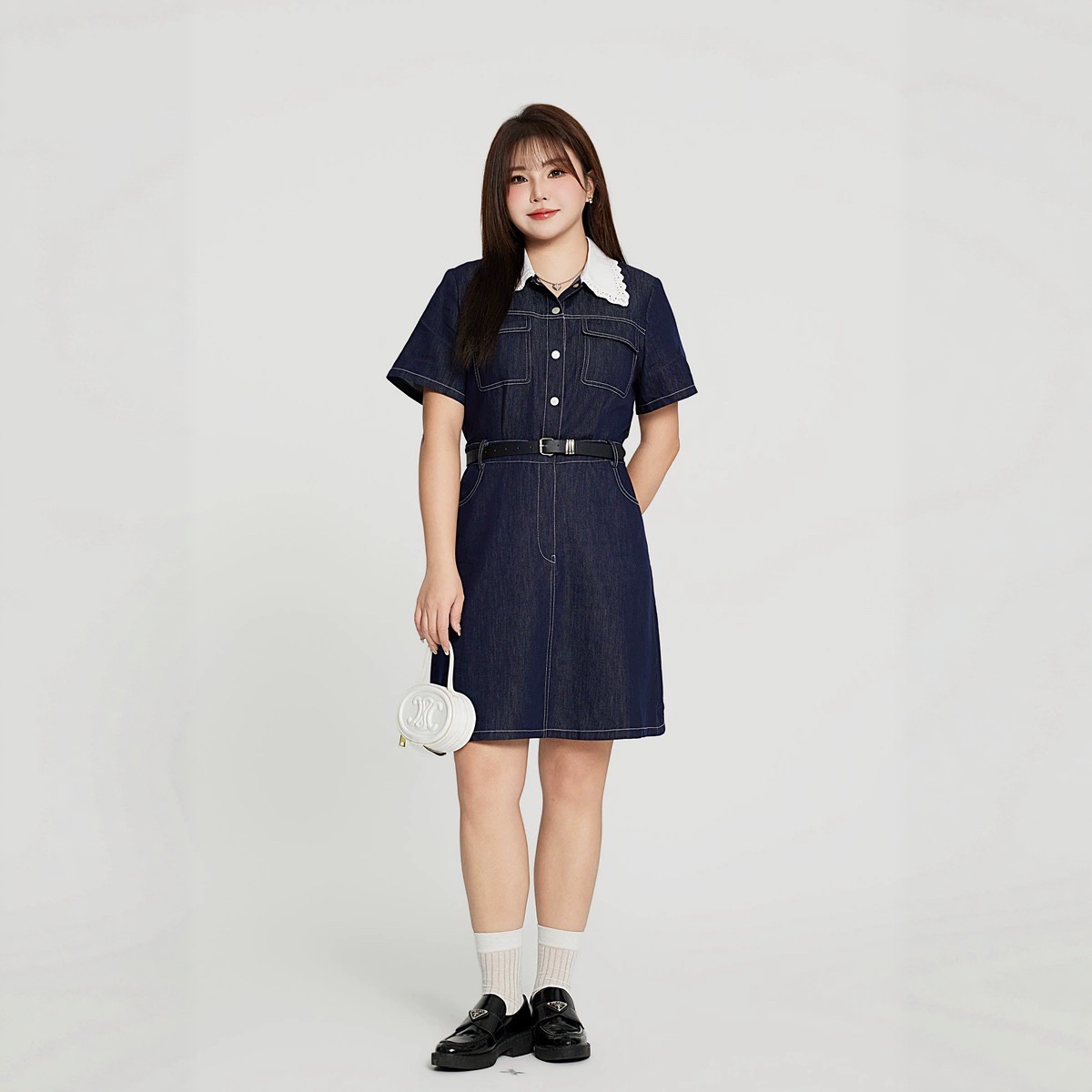 大码Etam牛仔连衣裙女2025新款夏季蓝色法式蕾丝拼接显瘦衬衫裙子