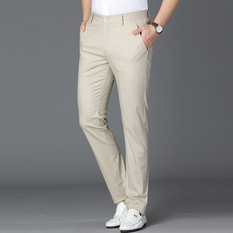 男士亚麻休闲裤夏季薄款修身商务宽松直筒弹力免烫中青年棉麻西裤