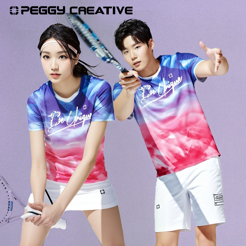 韩国佩极羽毛球服男女同款运动速干透气印花V领短袖大赛服上衣T恤