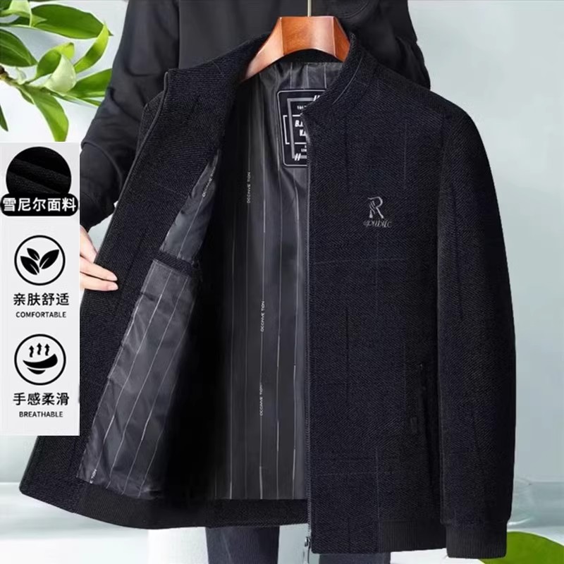 爸爸外套春秋款中老年立领毛呢夹克男士父亲休闲爷爷雪尼尔夹克衫