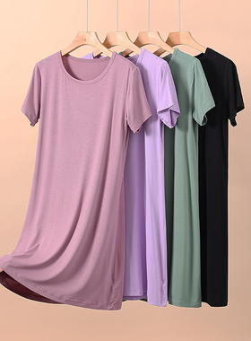 女新款大码莫代尔圆领短袖连衣裙睡裙大弹力舒适可外穿裙子