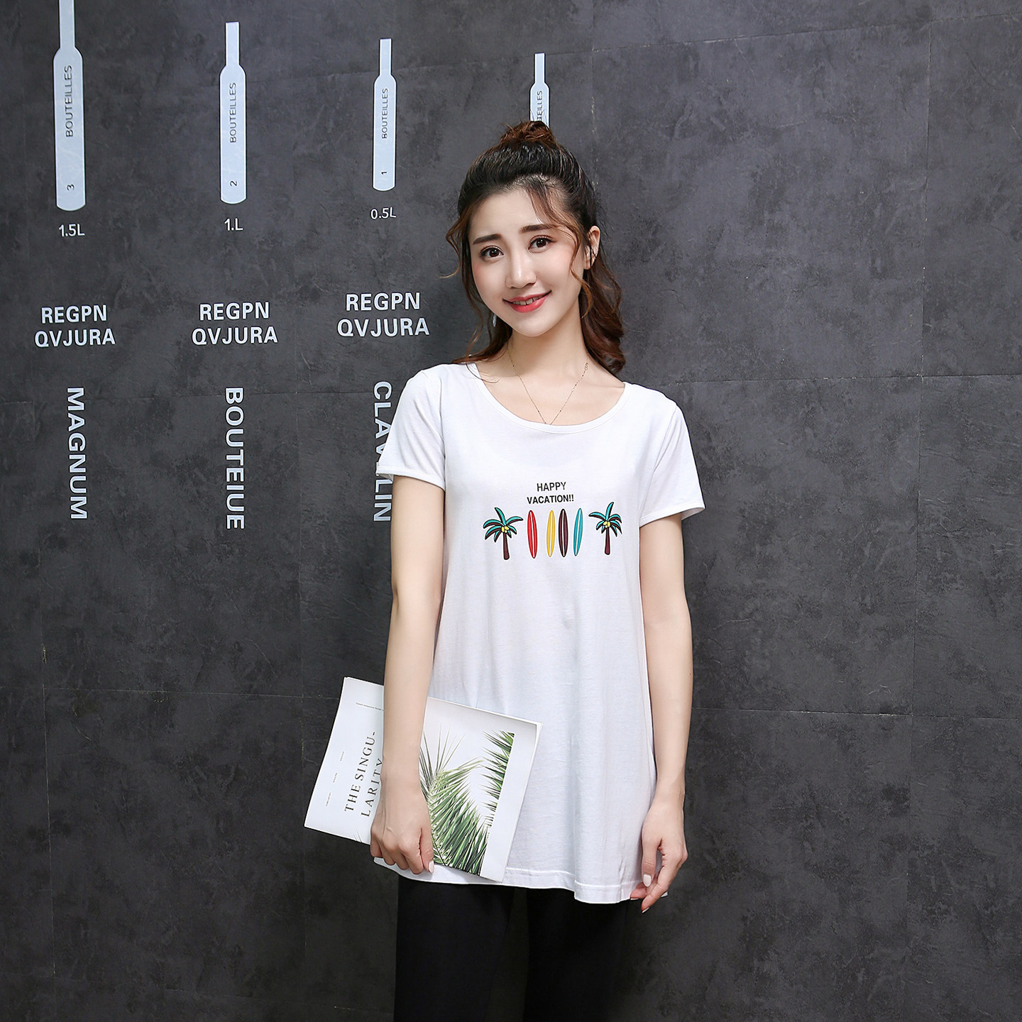 韩版宽松显瘦印花t恤女大码纯棉短袖胖MM遮肚中长款打底衫红色