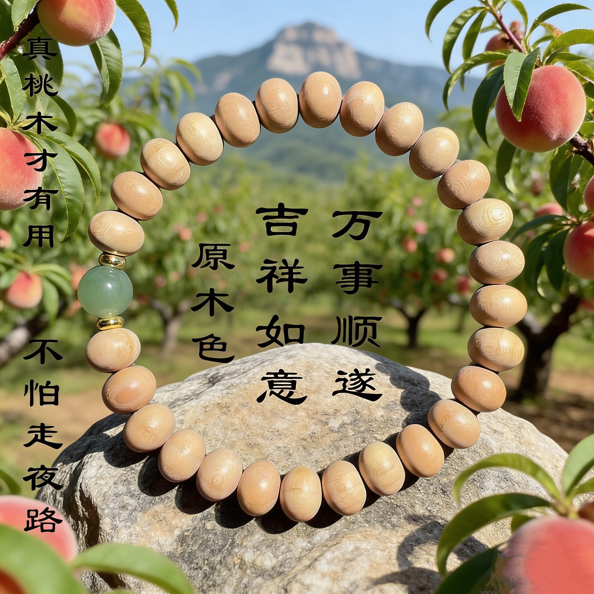 泰山桃木算盘珠手串算盘珠搭配和田玉单圈桃木手串天然无漆无蜡