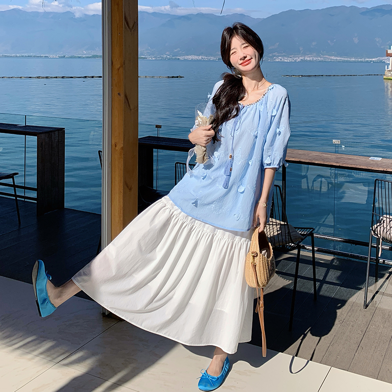 蓝色衬衫半身裙两件套女2025年夏季新款时尚独特绝美高腰显瘦套装，女装运动套装，浙宝285（原212）