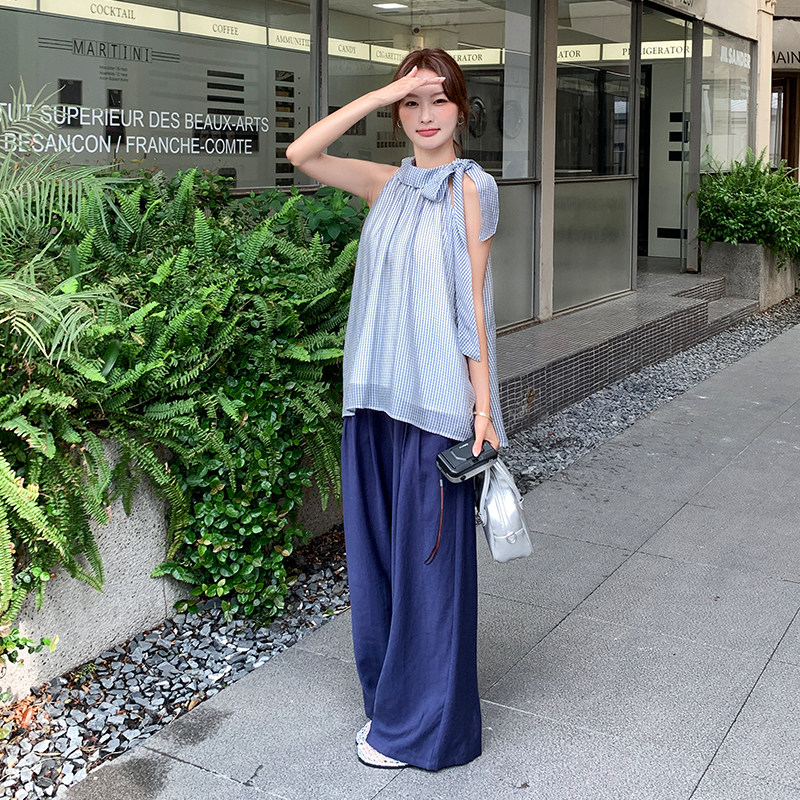 韩系格子挂脖背心套装女夏新款小个子无袖上衣休闲阔腿裤两件套,女装运动套装,浙宝285（原212）