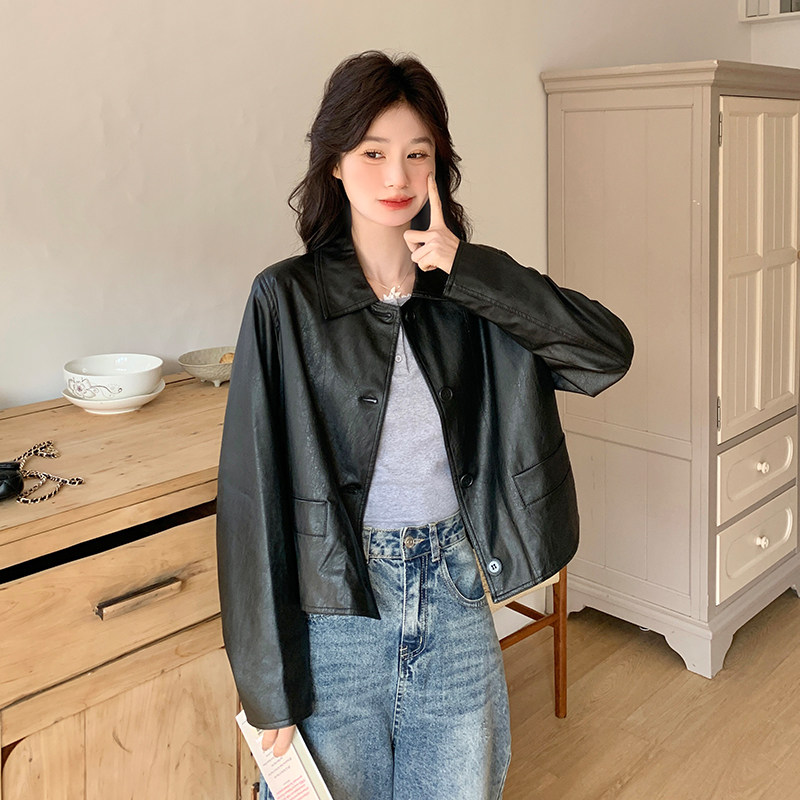 甜酷复古PU皮衣外套女2025早春新款黑色小翻领蛋白皮小个子上衣,女装皮衣,浙宝285（原212）
