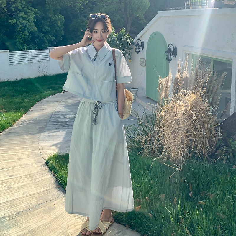 韩系新款时尚洋气减龄裙女翻领短袖休闲拉链外套半身裙,女装运动套装,浙宝285（原212）