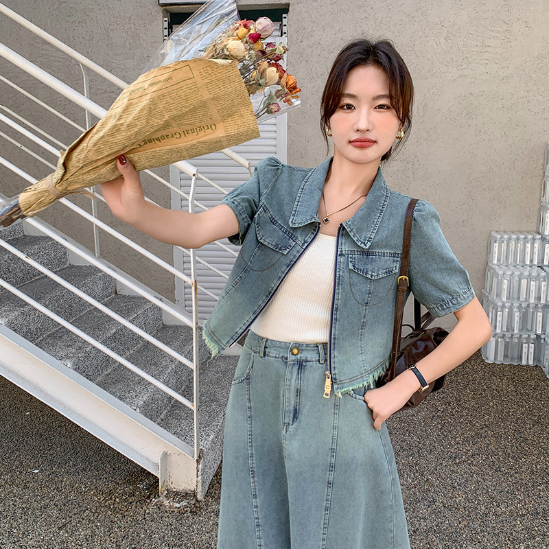 渐变色复古牛仔套装女2025夏季新款时髦洋气短袖上衣半身裙两件套,女装运动套装,浙宝285（原212）