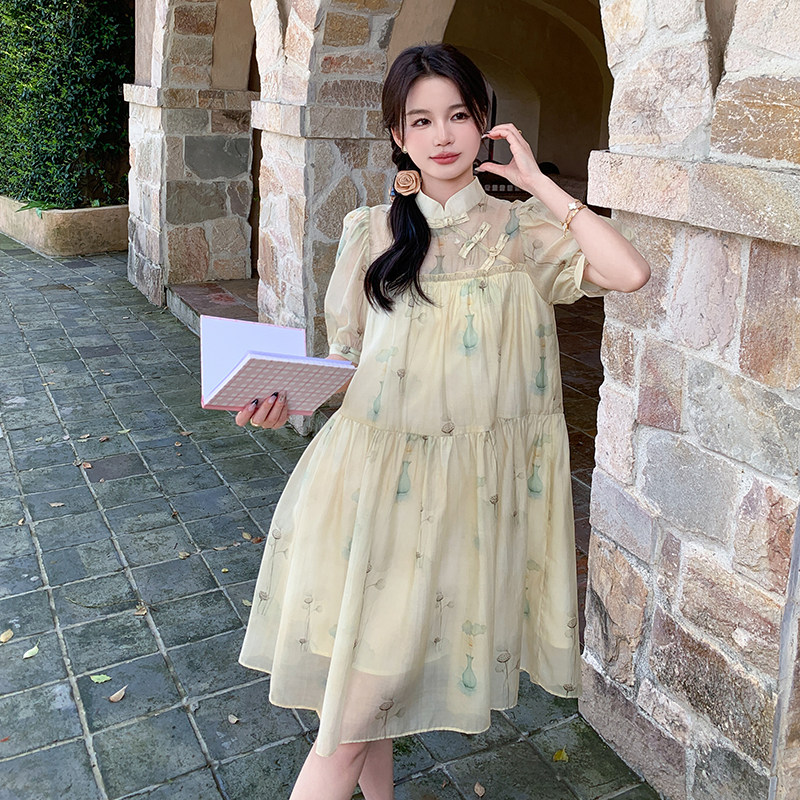 新中式印花天丝连衣裙女2024夏新款国风盘扣甜美文艺A字娃娃裙裙,女装连衣裙,浙宝285（原212）