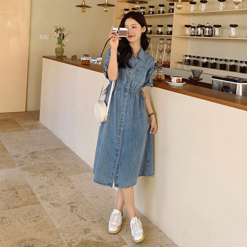 港风复古chic牛仔连衣裙女夏薄款2025新款小个子工装休闲衬衫裙子,女装连衣裙,浙宝285（原212）