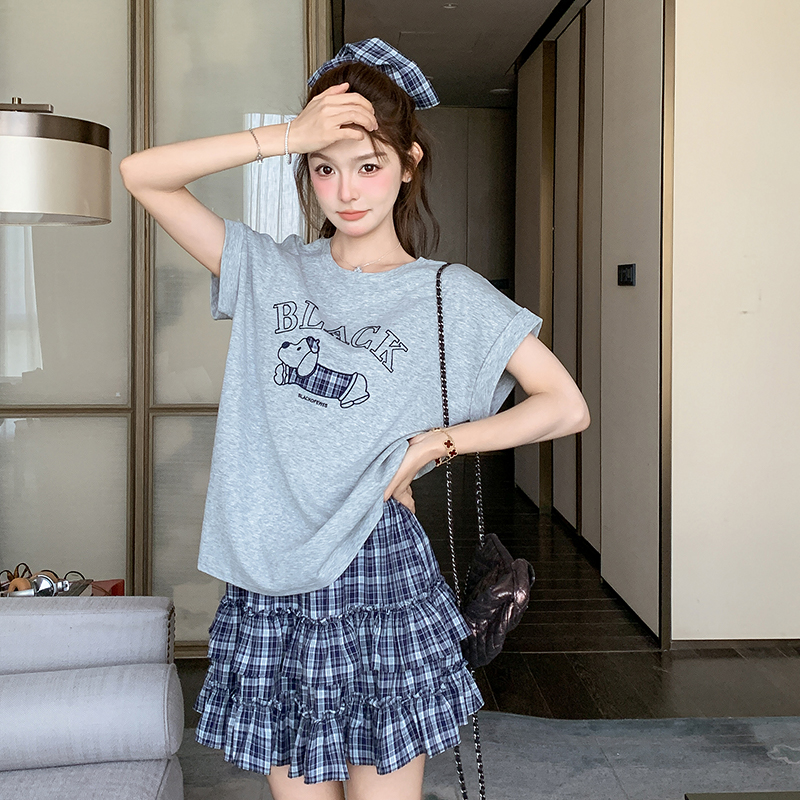 盐甜系卡通印花T恤格子半身裙两件套女2025夏新款韩版休闲小个子，女装运动套装，浙宝285（原212）