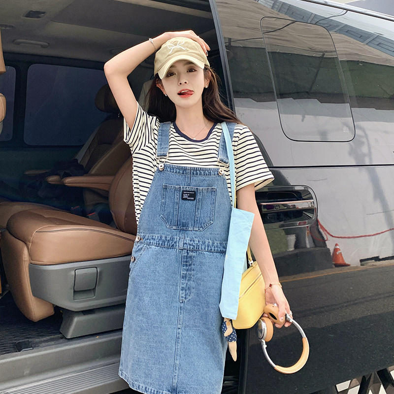 韩版俏皮减龄牛仔背带短裙套装女2025夏季新款显瘦条纹T恤两件套,女装运动套装,浙宝285（原212）