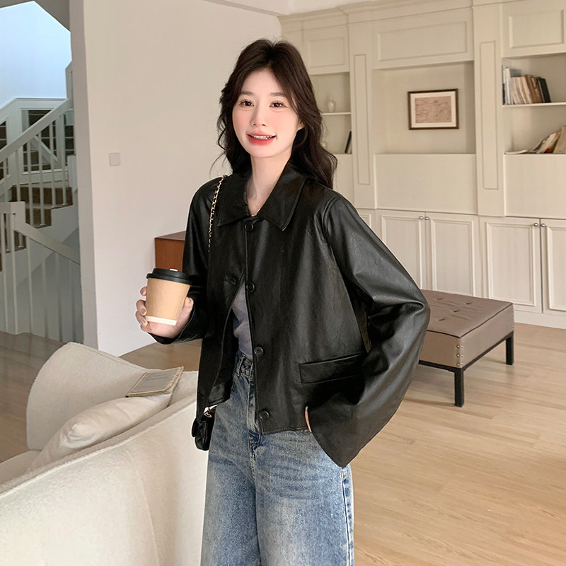 甜酷复古PU皮衣外套女2025早春新款黑色小翻领蛋白皮小个子上衣,女装皮衣,浙宝285（原212）