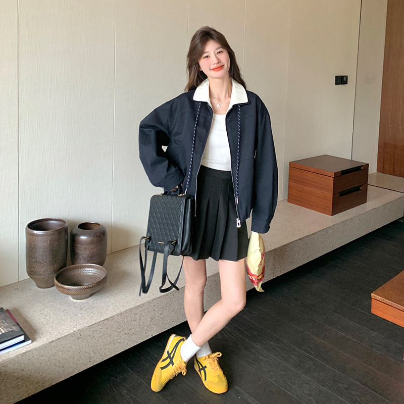 撞色翻领休闲短外套女2025春季新款设计感超好看韩系百搭夹克上衣,女装短外套,浙宝285（原212）