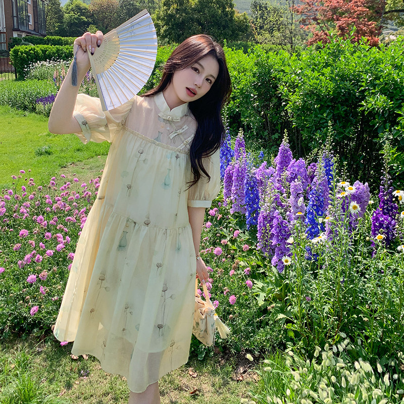 新中式印花天丝连衣裙女2024夏新款国风盘扣甜美文艺A字娃娃裙裙,女装连衣裙,浙宝285（原212）