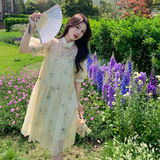 新中式印花天丝连衣裙女2024夏新款国风盘扣甜美文艺A字娃娃裙裙，女装连衣裙，浙宝285（原212）
