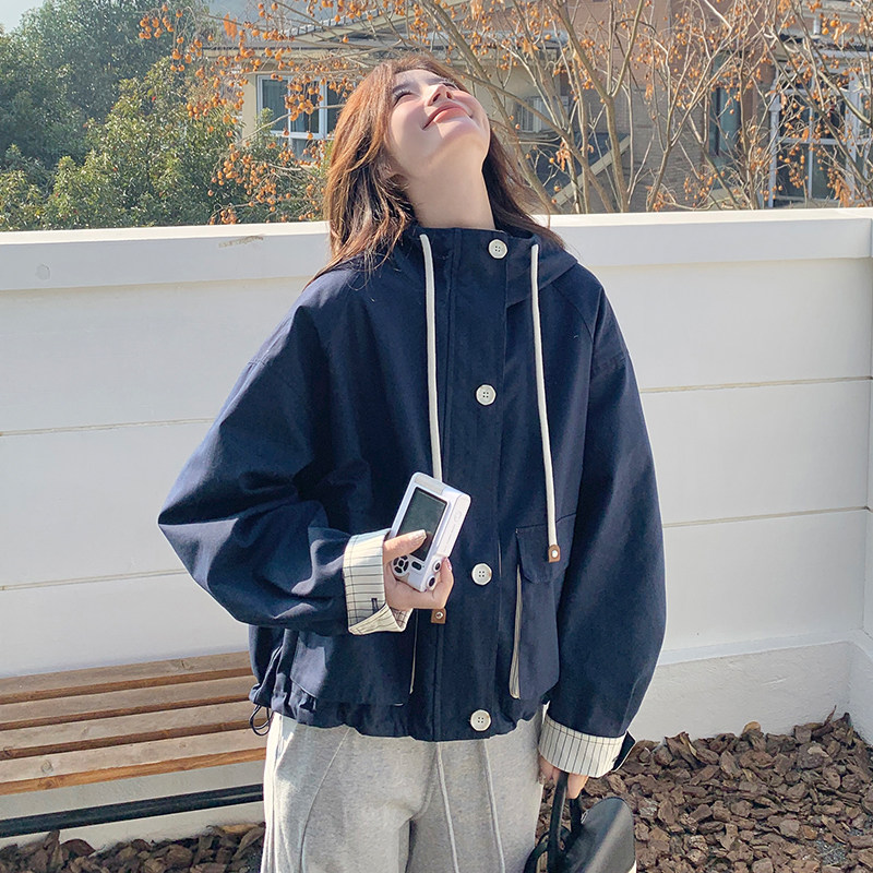 藏青色工装风衣外套女2025春季新款韩系学院风小个子连帽短款上衣,女装风衣,浙宝285（原212）