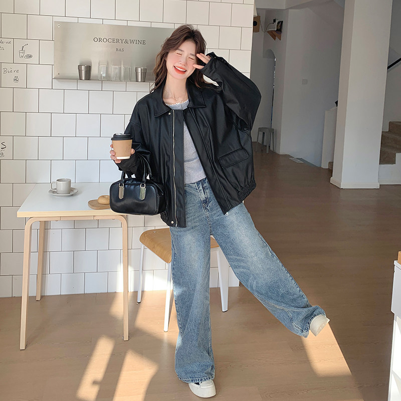 黑色酷飒风男友控冷淡系机车皮衣夹克女春季新款小个子高级感外套,女装皮衣,浙宝285（原212）