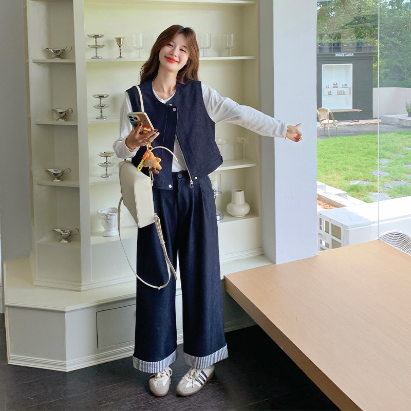 韩系松弛感套装女2025年秋季新款复古设计感马甲休闲阔腿裤两件套,女装运动套装,浙宝285（原212）