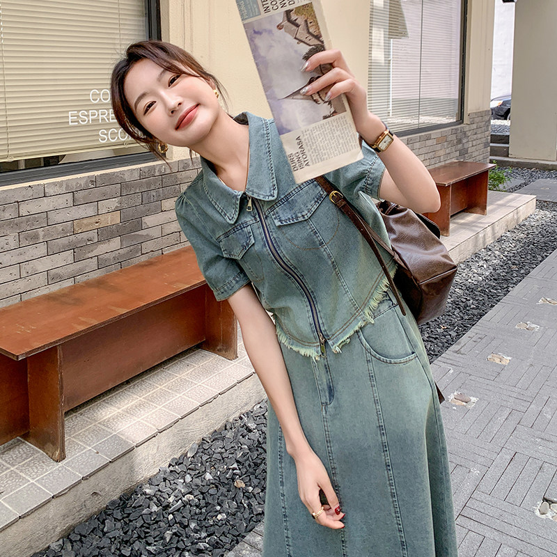渐变色复古牛仔套装女2025夏季新款时髦洋气短袖上衣半身裙两件套,女装运动套装,浙宝285（原212）