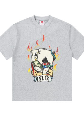 H3LLO FLAG德州扑克AQ黑桃纹身短袖 oldschool复古刺青T恤灰色tee
