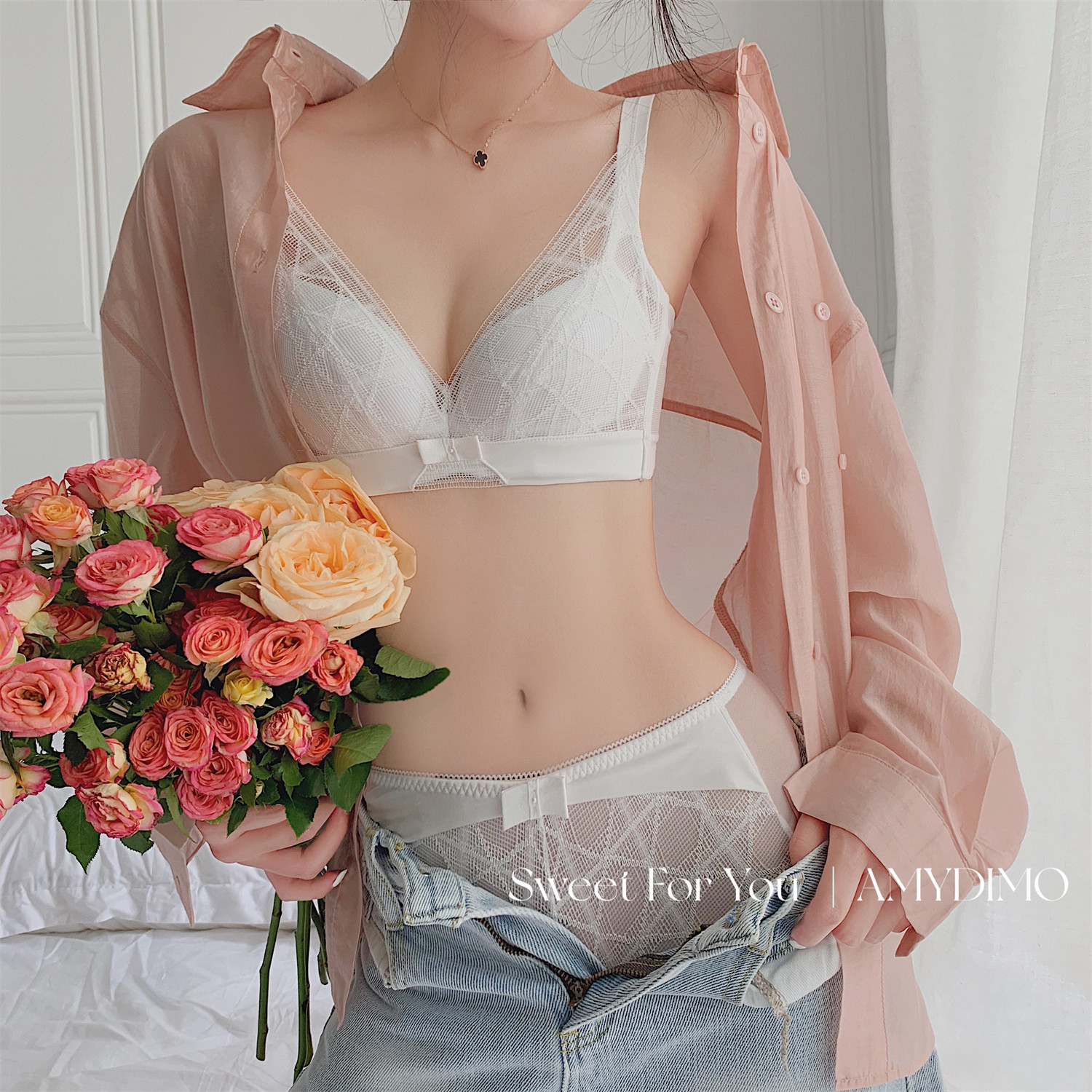 AMYDIMO内衣恋曲BRA法式格纹蕾丝文胸性感舒适无钢圈柔软蕾丝套装