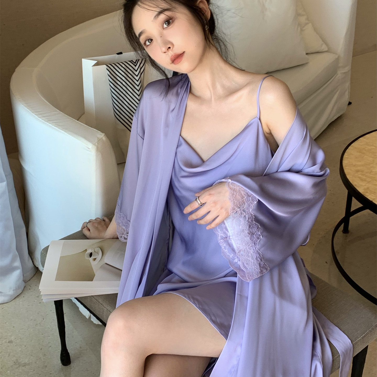 初心春夏晨袍女士两件套丝滑缎面高级感荡领修身吊带睡裙性感睡衣