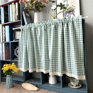 豆绿色格子橱柜帘门帘半截小窗帘复古卫生间厨房短帘半截宿舍床帘