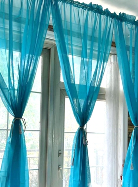 简约纯色窗帘飘窗阳台湖蓝色纯色窗帘窗纱帘，兰色小窗帘隔断门帘