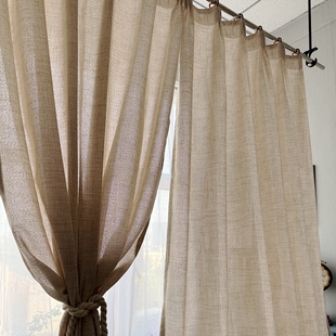 日式棉麻窗帘纯色卧室客厅高级感亚麻纱帘透光不透人免打孔窗帘