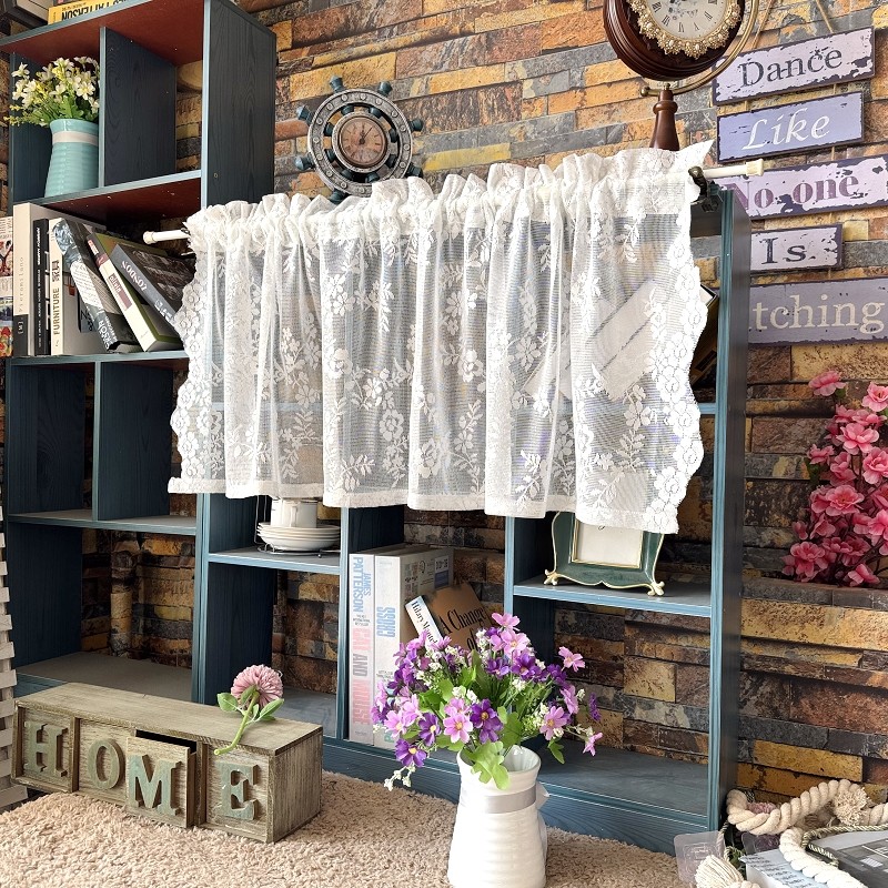 蕾丝美式白色窗纱纯色日系自粘贴免打孔橱柜帘纱帘厨房隔断飘门帘