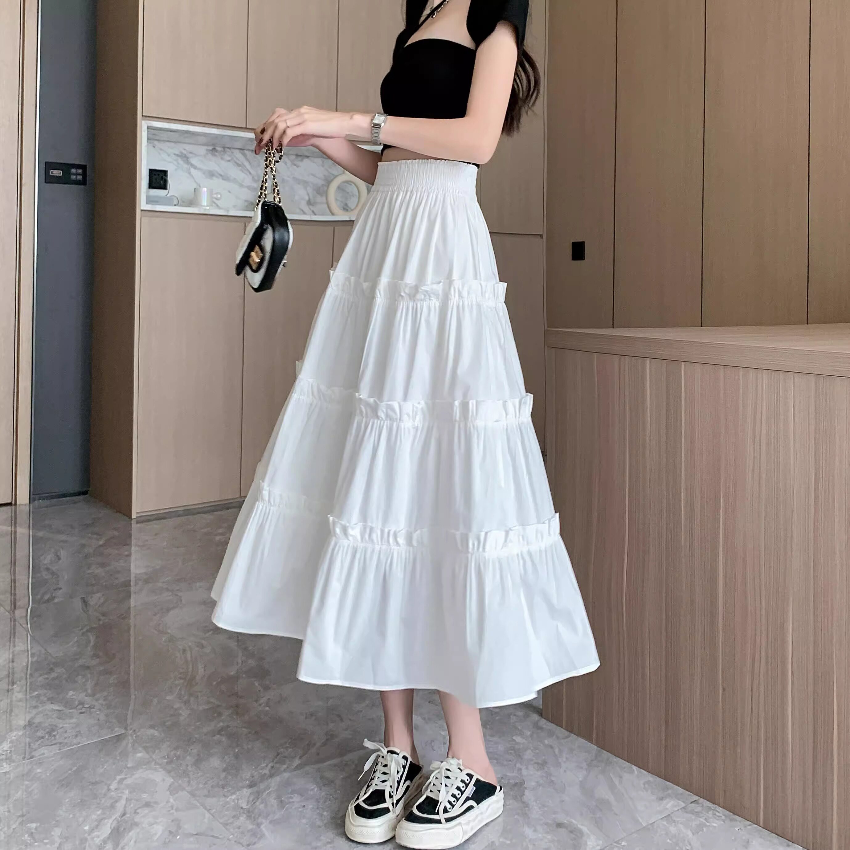 蛋糕裙半身裙女夏季2025新款高腰中长款显瘦白色气质休闲a字伞裙