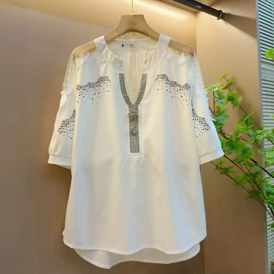 胖妹妹春夏季五分袖蕾丝拼接上衣百搭减龄衬衫遮肉遮肚子小衫气质