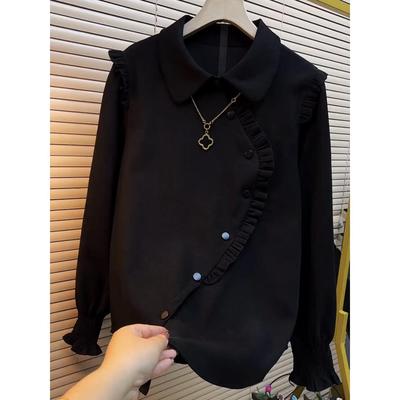 大码女装2025秋冬新款木耳边上衣女黑色显瘦胖mm胖妹妹内搭长袖