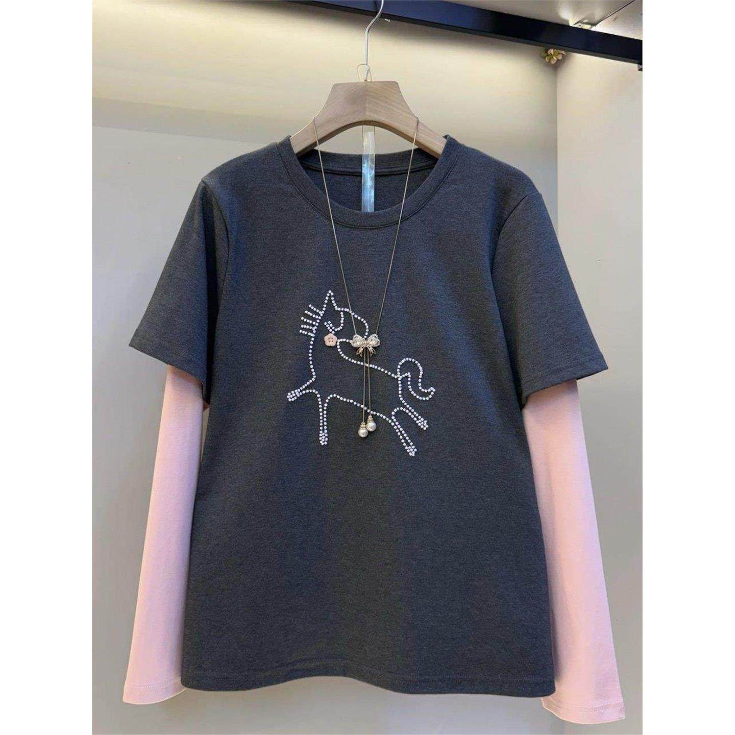 2026春季新款大码女装韩版宽松小马长袖上衣打底衫流行假两件内搭,女装/女士精品,大码内搭,淘宝优惠券,粉丝福利购,淘宝优惠卷