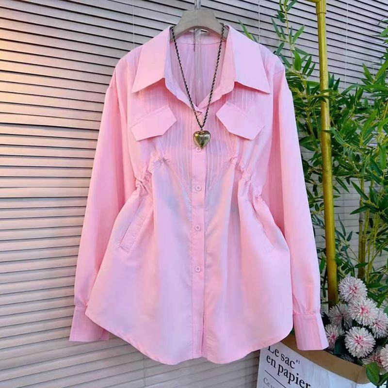 大码女装春季新品洋气时尚衬衫女韩版翻领收腰显瘦百搭减龄打底衫