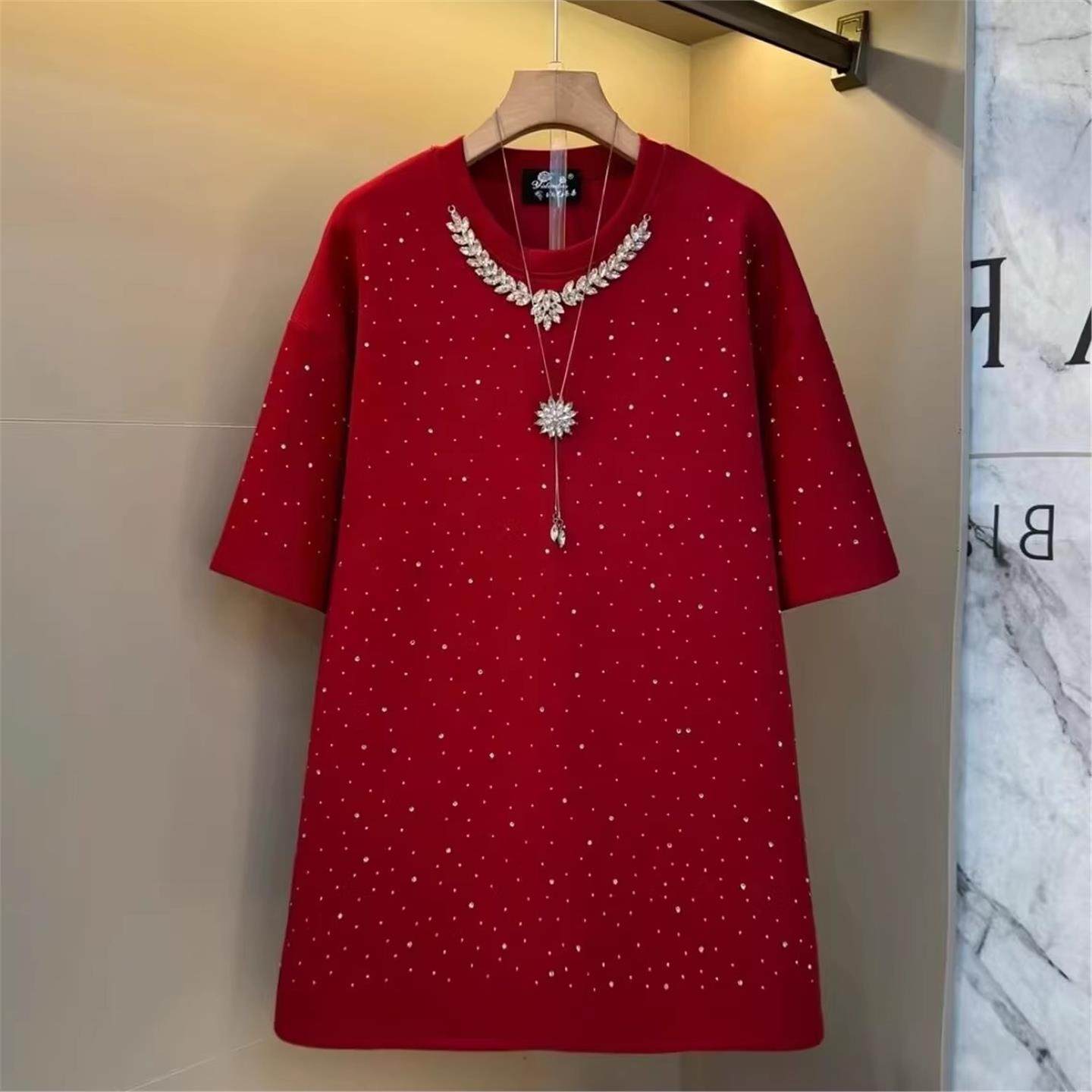 欧货大码重工艺轻奢设计感领钻短袖宽松T恤上衣满天星遮肉打底衫