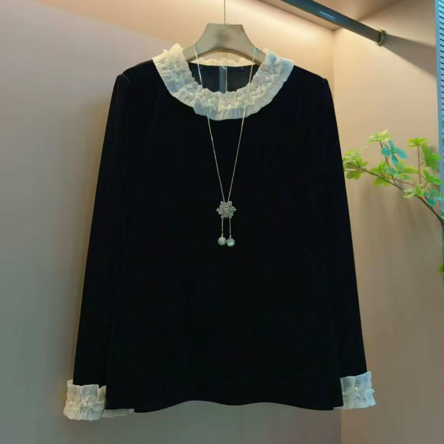 2025秋冬新款时尚木耳边拼接打底衫胖MM大码显瘦遮肉宽松长袖T恤