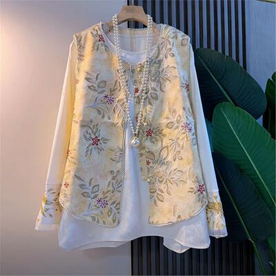 新中式大码女装2026春季款轻奢国潮风刺绣花朵马甲衬衫显瘦两件套