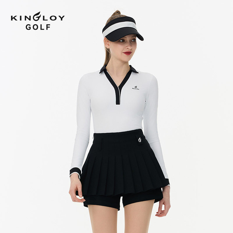 KINGLOY高尔夫女装长袖V领T恤衫新品修身时尚运动百褶裙短裙套装