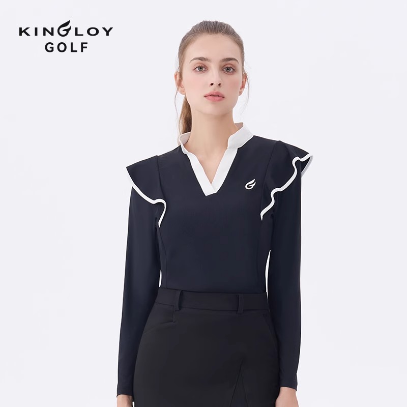 KINGLOY高尔夫女装长袖T恤春夏弹力V领荷叶边袖型网球棒球运动衫
