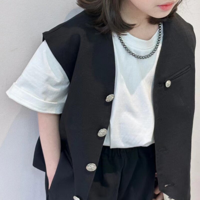 2024新款男童女童春款儿童西装短袖外套韩版男女童马甲百搭休闲
