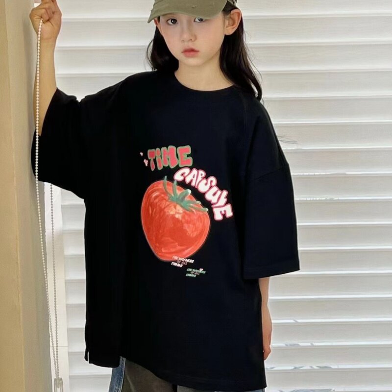 韩国童装女童圆领短袖T恤2024夏季新款甜美活泼休闲宽松上衣短款