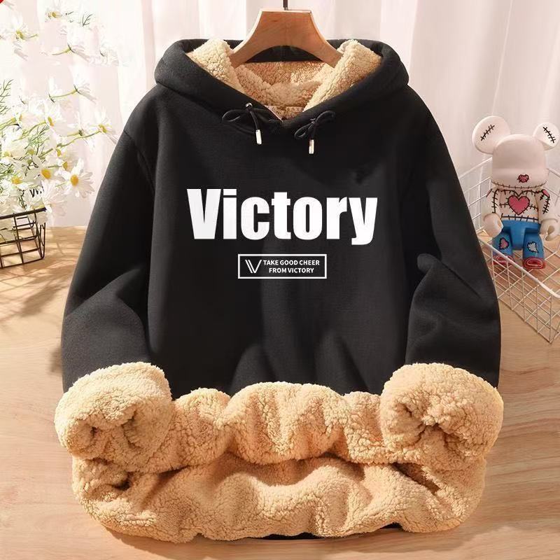 2024秋冬款新款加绒加厚上衣潮宽松连帽卫衣男青少年保暖羊羔绒