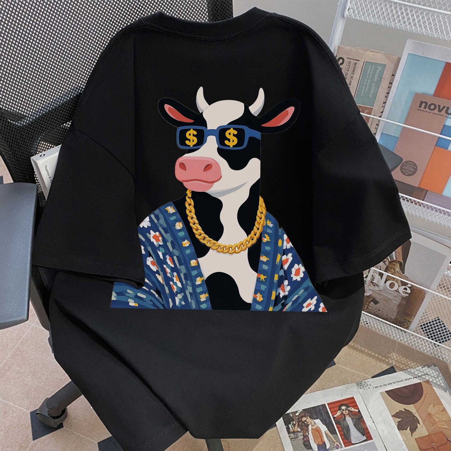 新款国潮街头风奶牛印花T恤男2026新款纯棉宽松百搭情侣半袖上衣