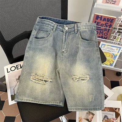 水洗做旧破洞牛仔短裤男夏季薄款vibe潮牌高街复古休闲宽松五分裤