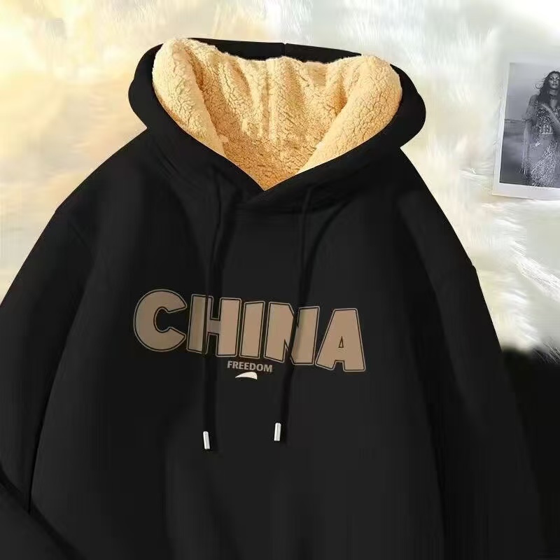 新款青少年羊羔绒连帽卫衣男2025秋冬款上衣潮加绒加厚宽松保暖