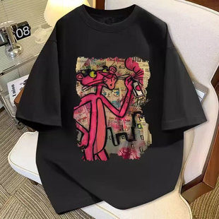 美式复古粉红豹印花短袖t恤男女2025夏季新款ins宽松高街情侣上衣