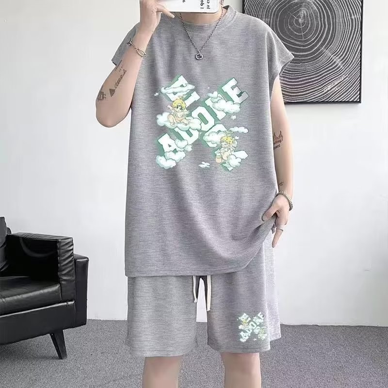 华夫格无袖t恤男夏季休闲套装潮牌冰丝背心男装搭配一套运动衣服