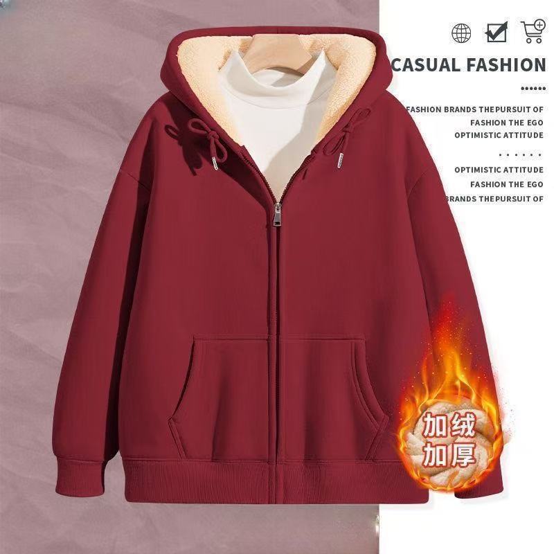 纯色休闲冬季男生新款复古简约开衫卫衣特厚加绒百搭上衣服